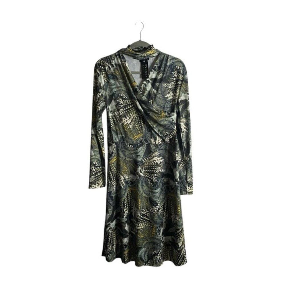 Donna Due Women’s Green Print Crossover Midi Belted Dress
